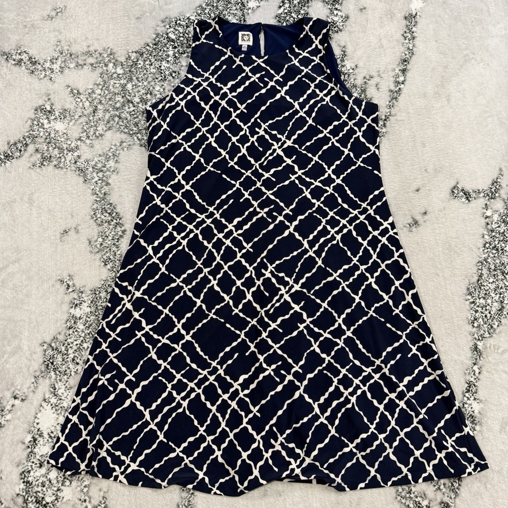Ann Klein Womens 1X Sleeveless Navy White Geometric Shift Dress Office Career